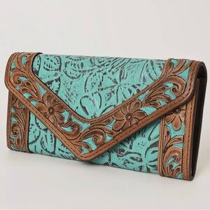 American Darling Turquoise and Brown Floral Clutch